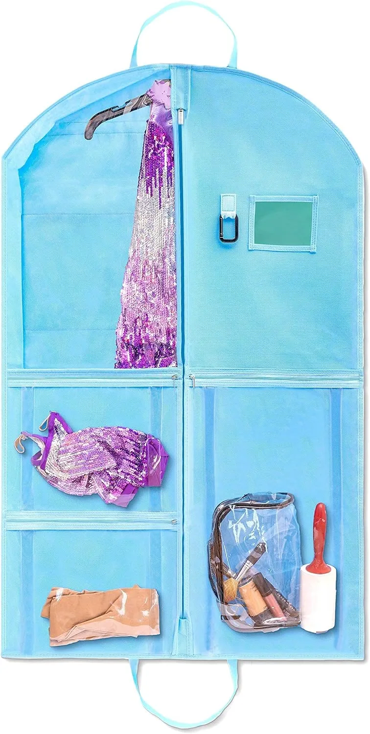 Waterproof Hanging Garment Bag 40 inch Clothes Bag with Gusset, 5 Pockets & Side Zip for Dance Costumes, Sports, Skating, Theatre, Beauty Pageants, Cheer & More by Kendall Country, Sky Blue