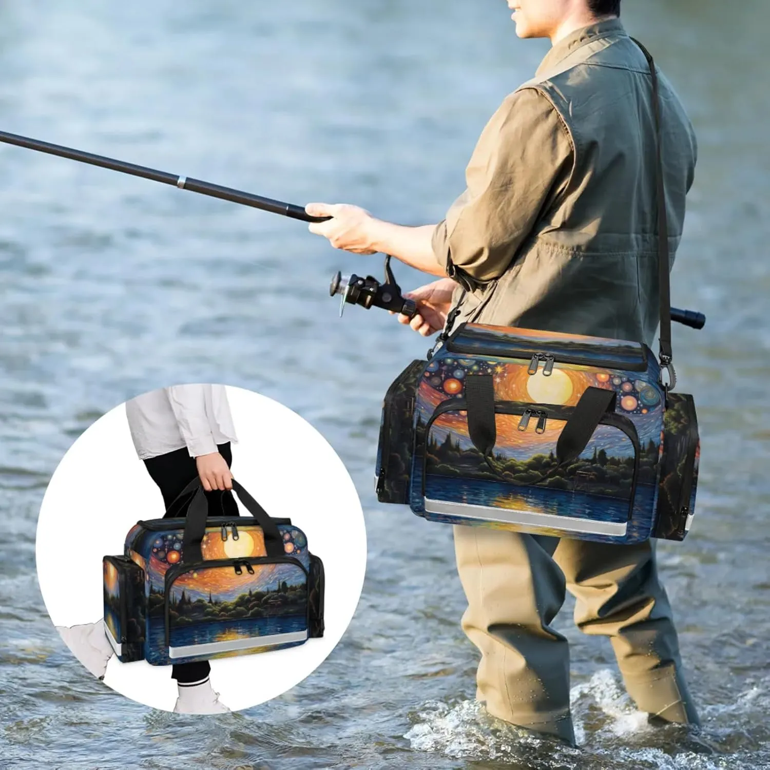 Waterproof Tactical Duffle Bag 25" Carry On Bag for EMT Tear-Resistant Gym Bag with Multi-Pocket & OSHA Reflective Travel Bags for Men Women Abstract Sky Lake