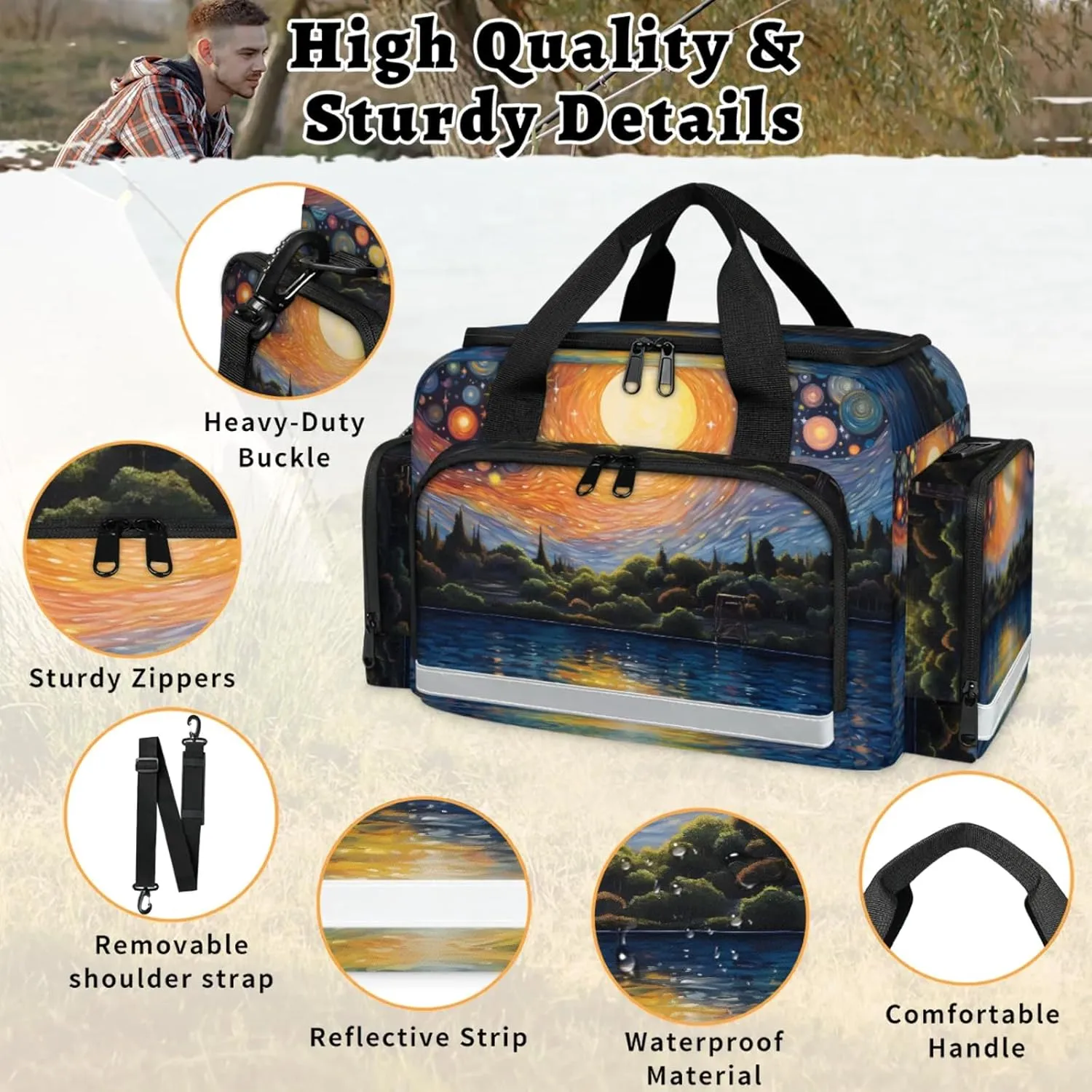 Waterproof Tactical Duffle Bag 25" Carry On Bag for EMT Tear-Resistant Gym Bag with Multi-Pocket & OSHA Reflective Travel Bags for Men Women Abstract Sky Lake