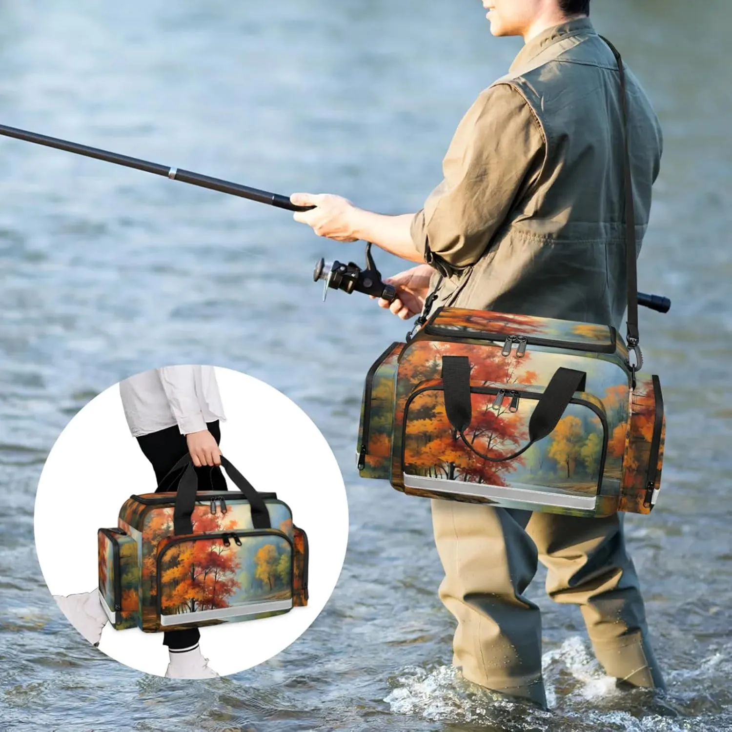 Waterproof Tactical Duffle Bag 25" Carry On Bag for EMT Tear-Resistant Gym Bag with Multi-Pocket & OSHA Reflective Travel Bags for Men Women Autumn Forest Water