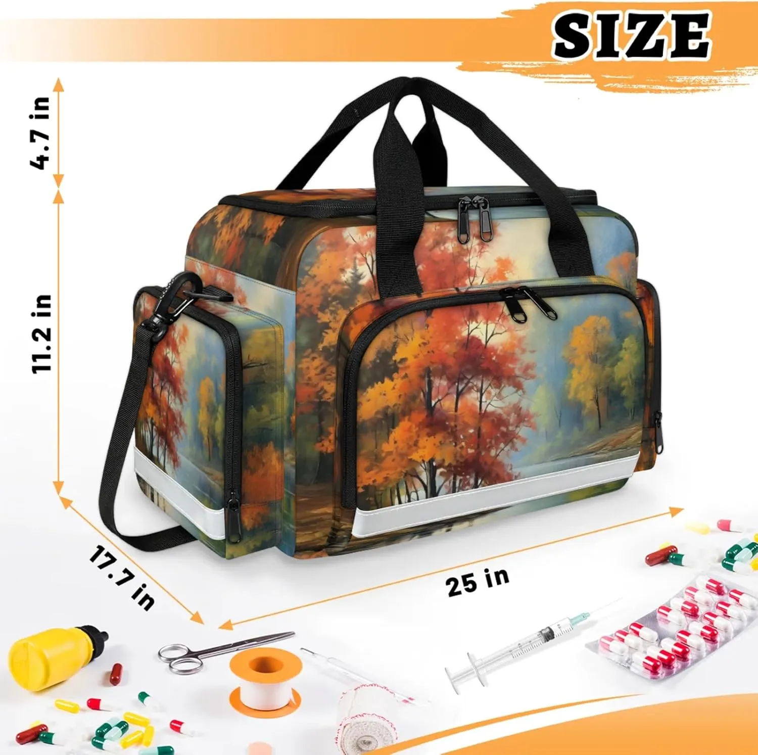 Waterproof Tactical Duffle Bag 25" Carry On Bag for EMT Tear-Resistant Gym Bag with Multi-Pocket & OSHA Reflective Travel Bags for Men Women Autumn Forest Water