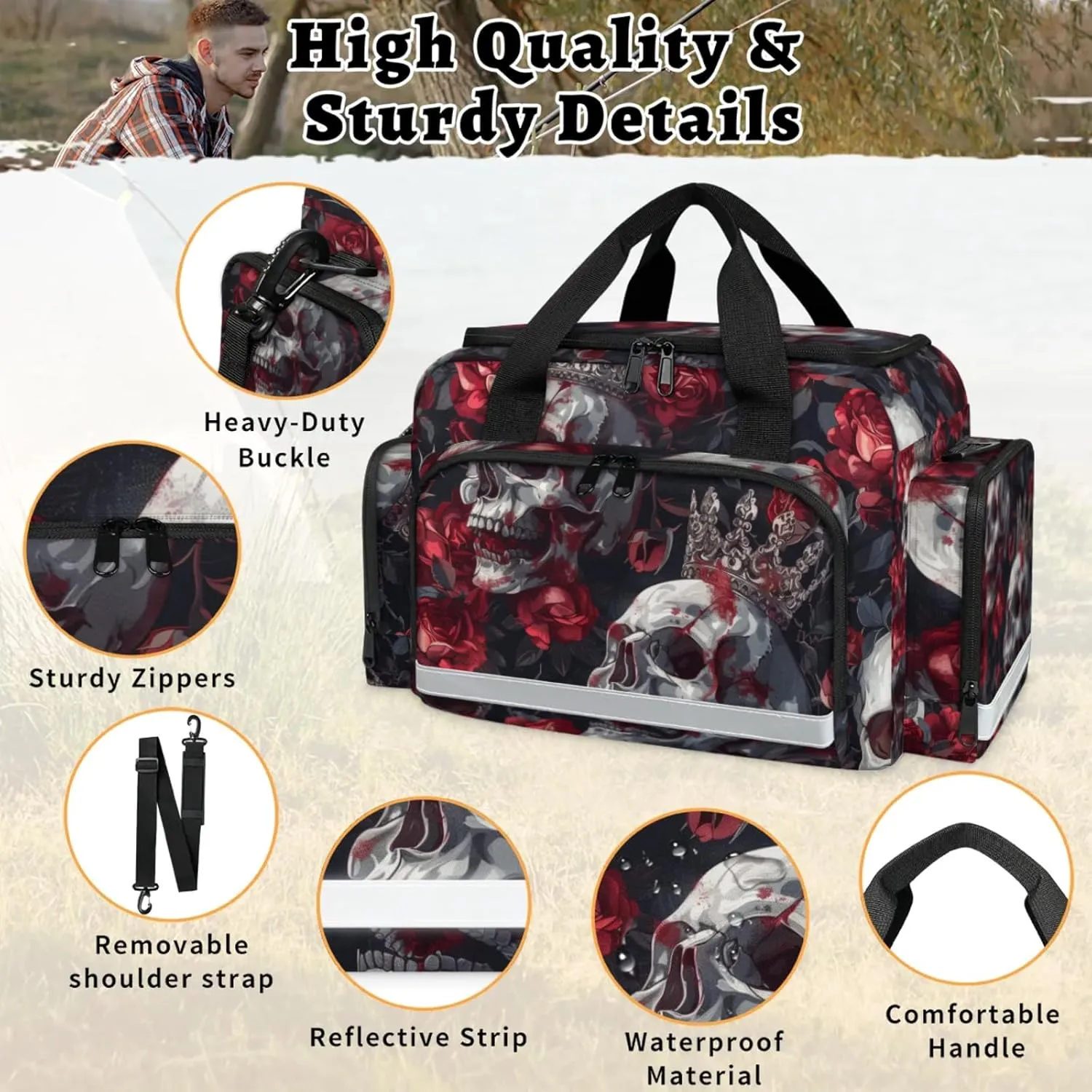 Waterproof Tactical Duffle Bag 25" Carry On Bag for EMT Tear-Resistant Gym Bag with Multi-Pocket & OSHA Reflective Travel Bags for Men Women Elegant Skull Rose