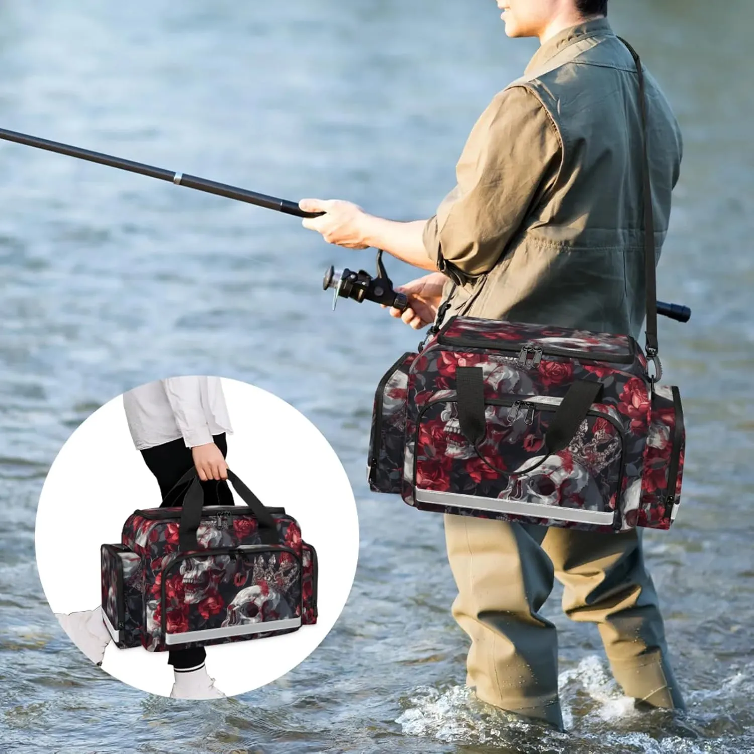 Waterproof Tactical Duffle Bag 25" Carry On Bag for EMT Tear-Resistant Gym Bag with Multi-Pocket & OSHA Reflective Travel Bags for Men Women Elegant Skull Rose