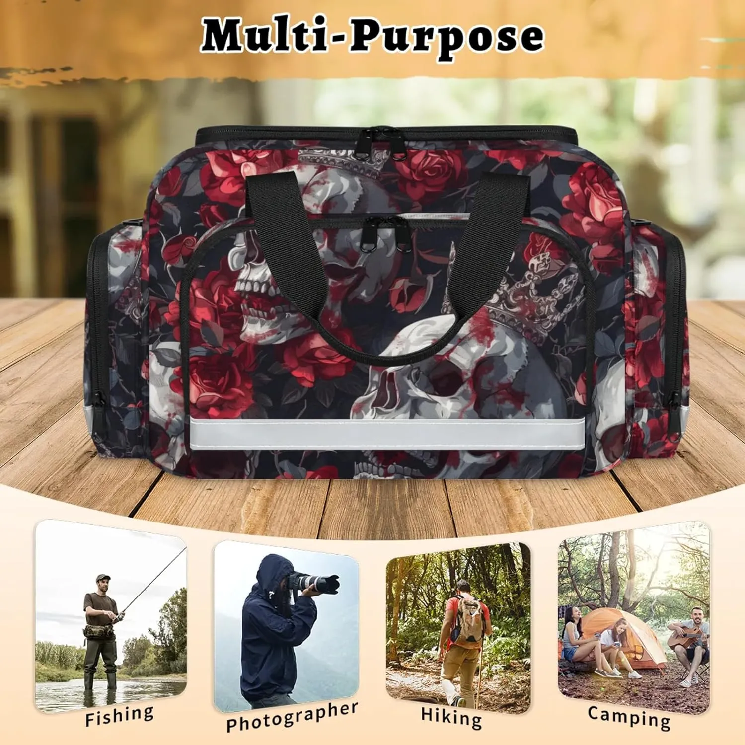 Waterproof Tactical Duffle Bag 25" Carry On Bag for EMT Tear-Resistant Gym Bag with Multi-Pocket & OSHA Reflective Travel Bags for Men Women Elegant Skull Rose