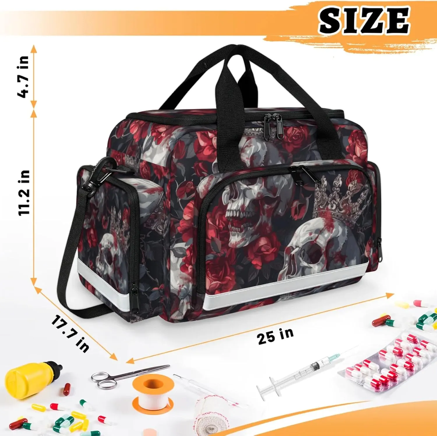 Waterproof Tactical Duffle Bag 25" Carry On Bag for EMT Tear-Resistant Gym Bag with Multi-Pocket & OSHA Reflective Travel Bags for Men Women Elegant Skull Rose