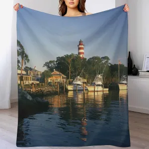 Waterways Lighthouse Boat Throw Blanket, Soft Lightweight Cozy Warm Modern Evening Trees Flannel Blankets for Couch Bed Travel, 50"x70"