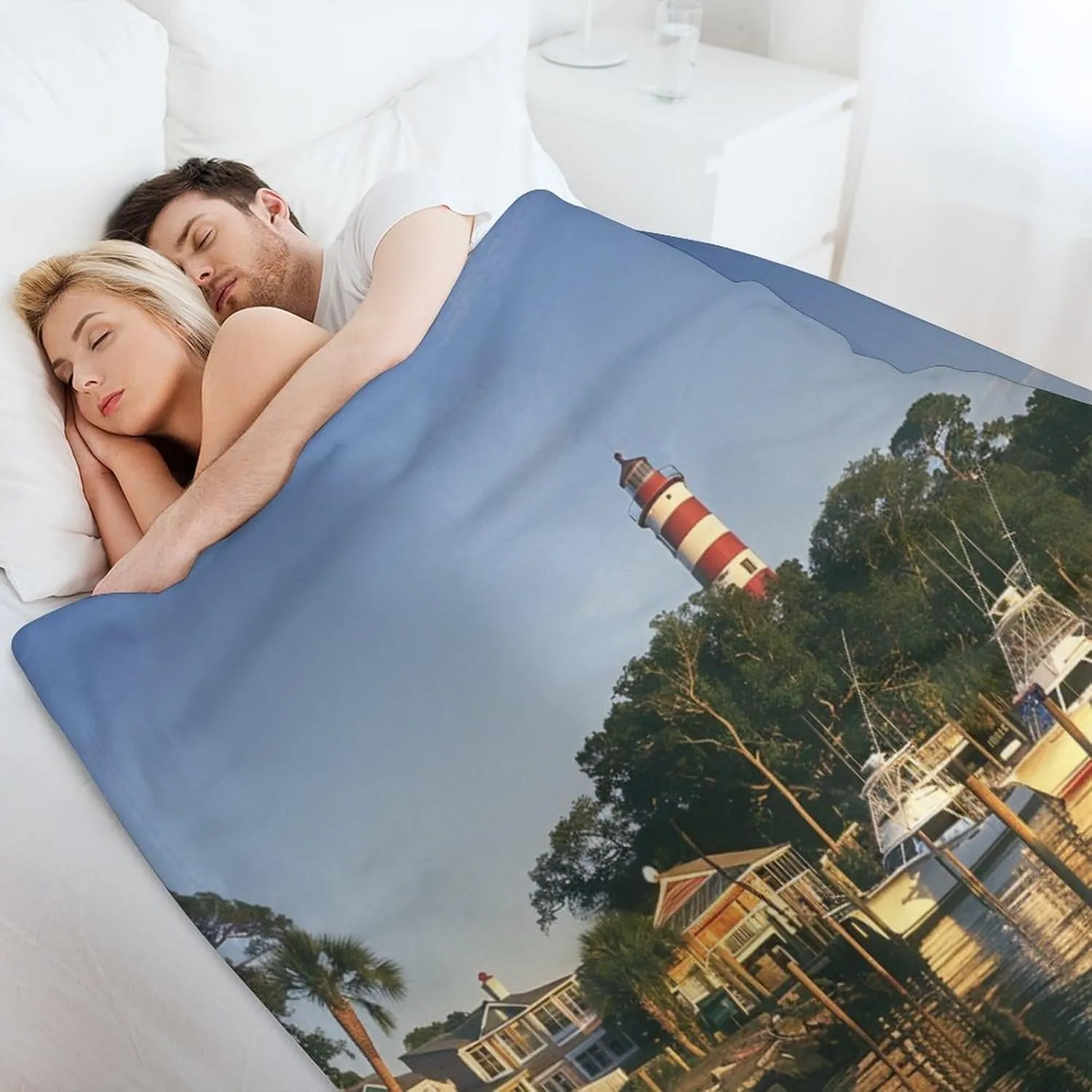Waterways Lighthouse Boat Throw Blanket, Soft Lightweight Cozy Warm Modern Evening Trees Flannel Blankets for Couch Bed Travel, 50"x70"