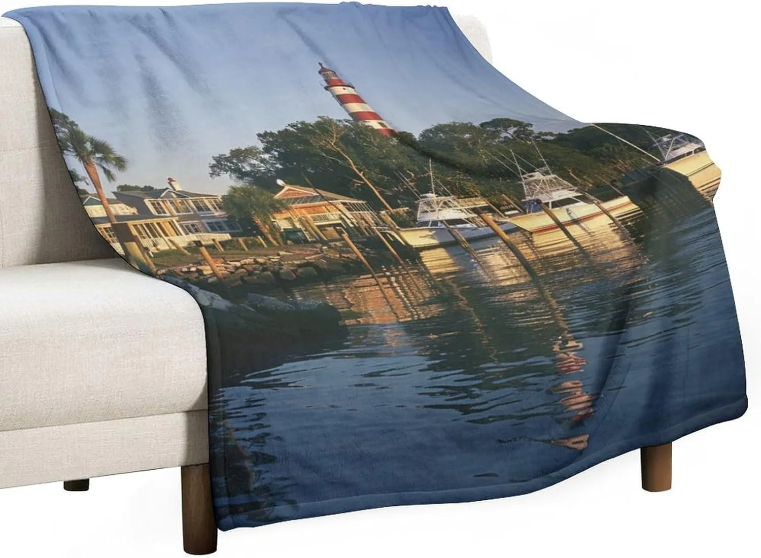 Waterways Lighthouse Boat Throw Blanket, Soft Lightweight Cozy Warm Modern Evening Trees Flannel Blankets for Couch Bed Travel, 50"x70"