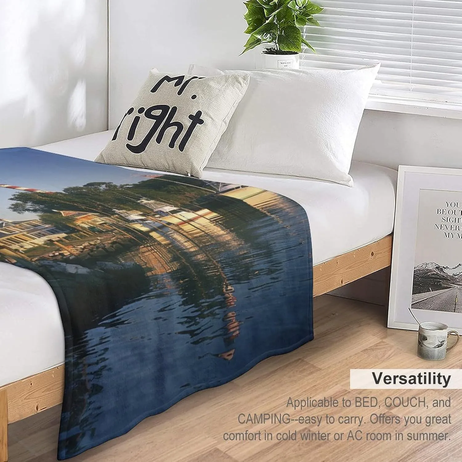 Waterways Lighthouse Boat Throw Blanket, Soft Lightweight Cozy Warm Modern Evening Trees Flannel Blankets for Couch Bed Travel, 50"x70"