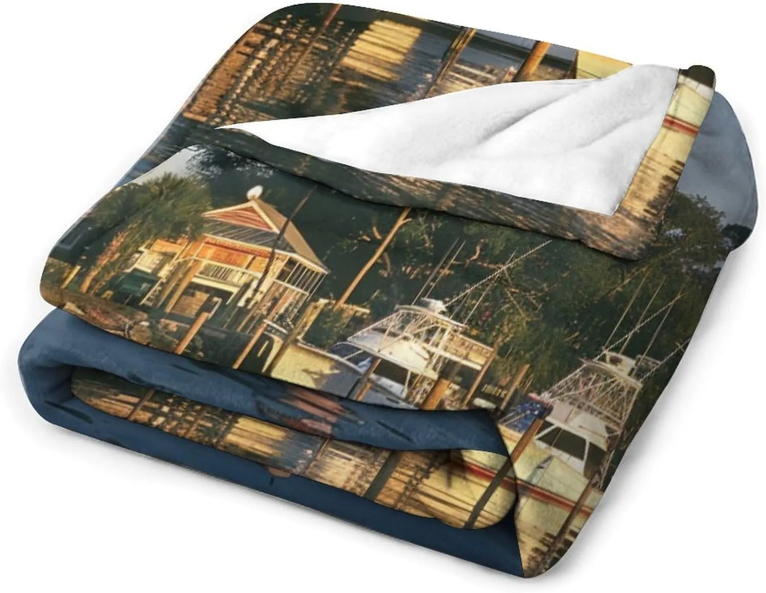Waterways Lighthouse Boat Throw Blanket, Soft Lightweight Cozy Warm Modern Evening Trees Flannel Blankets for Couch Bed Travel, 50"x70"