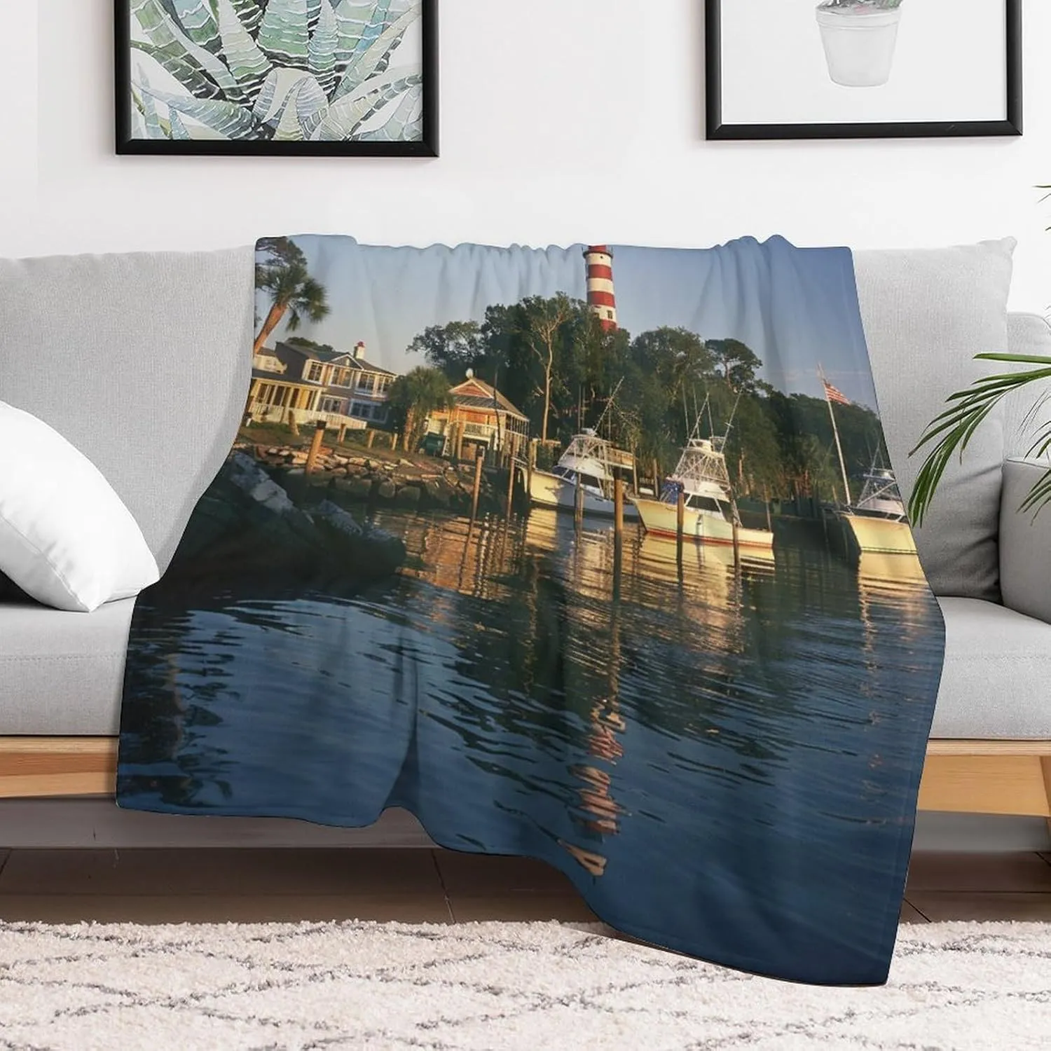 Waterways Lighthouse Boat Throw Blanket, Soft Lightweight Cozy Warm Modern Evening Trees Flannel Blankets for Couch Bed Travel, 50"x70"