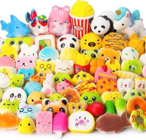 WATINC Random 70Pcs Squeeze Toys, Birthday Gifts for Kids Party Favors, Slow Rising Simulation Bread Squeeze Stress Relief Toys Goodie Bags Egg Filler, Keychain Phone Straps, 1 Jumbo Squeeze Include