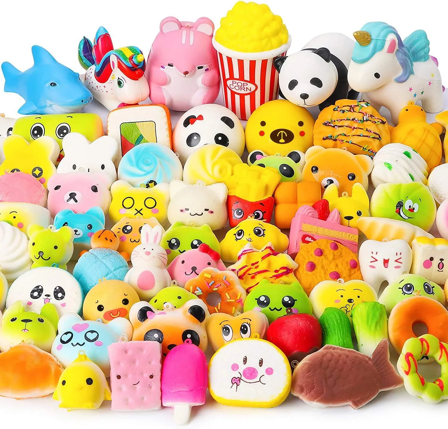 WATINC Random 70Pcs Squeeze Toys, Birthday Gifts for Kids Party Favors, Slow Rising Simulation Bread Squeeze Stress Relief Toys Goodie Bags Egg Filler, Keychain Phone Straps, 1 Jumbo Squeeze Include