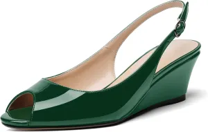 WAYDERNS Women's Peep Toe Slingback Buckle Patent Leather Wedge Low Heel Pumps Shoes 2 Inch
