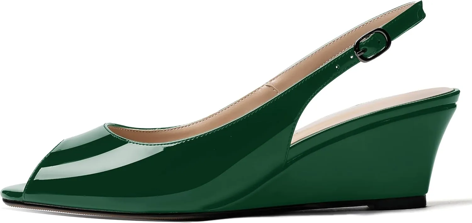 WAYDERNS Women's Peep Toe Slingback Buckle Patent Leather Wedge Low Heel Pumps Shoes 2 Inch