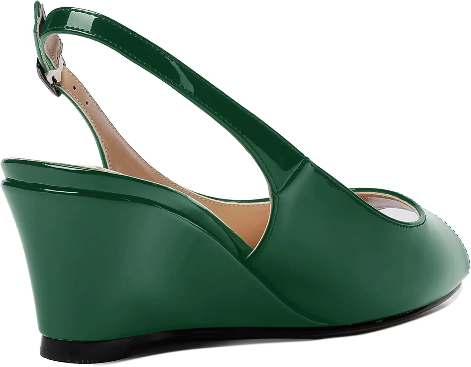 WAYDERNS Women's Peep Toe Slingback Buckle Patent Leather Wedge Low Heel Pumps Shoes 2 Inch