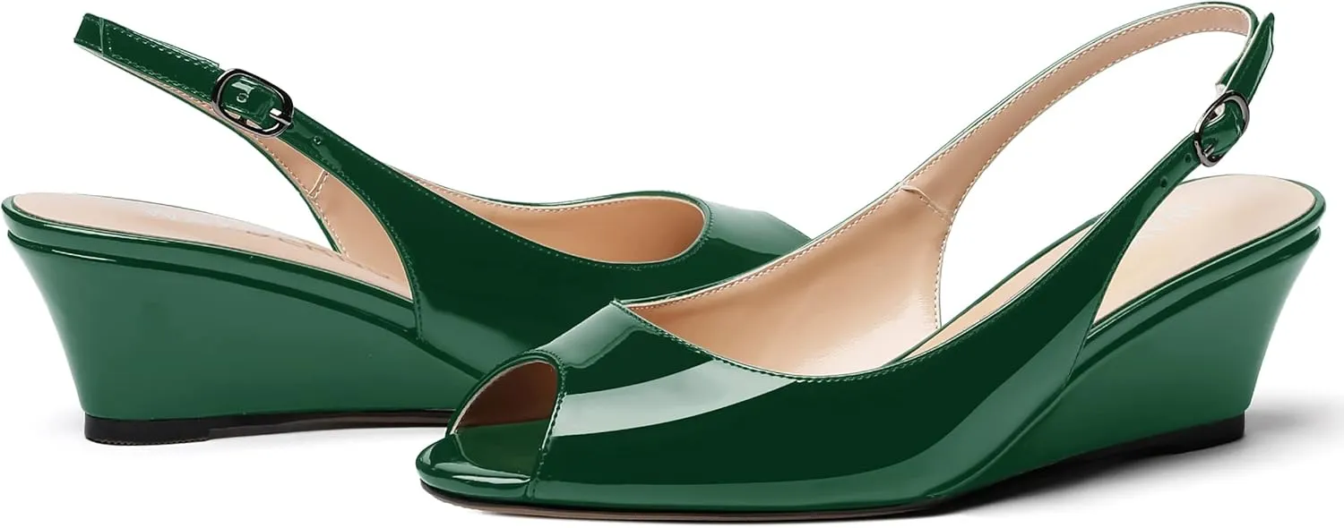 WAYDERNS Women's Peep Toe Slingback Buckle Patent Leather Wedge Low Heel Pumps Shoes 2 Inch