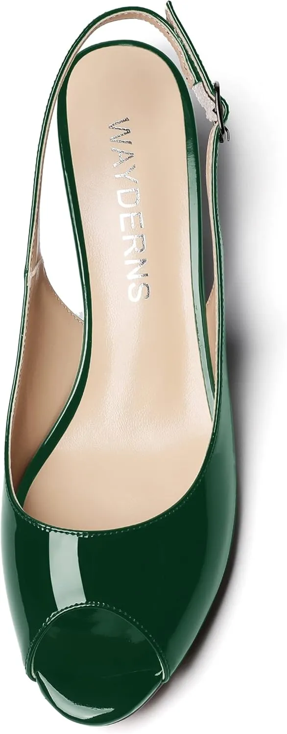 WAYDERNS Women's Peep Toe Slingback Buckle Patent Leather Wedge Low Heel Pumps Shoes 2 Inch