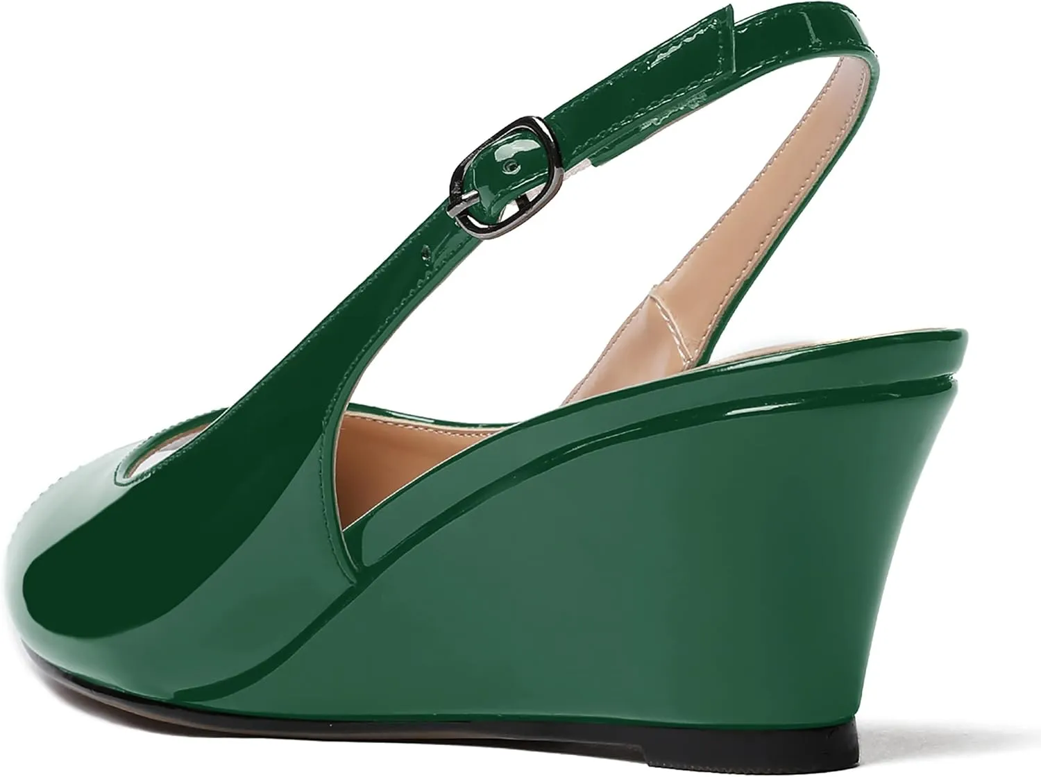 WAYDERNS Women's Peep Toe Slingback Buckle Patent Leather Wedge Low Heel Pumps Shoes 2 Inch