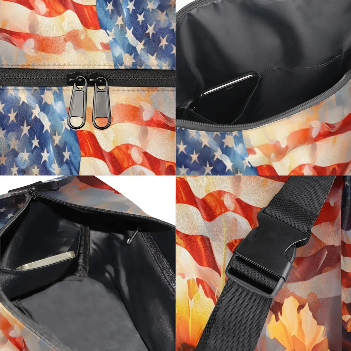 Weekend Bag America Flag Flora Pattern Lightweight Carry On Duffel Bag Waterproof Gym Bag Pu Leather Duffle Bag for Workout Travel Sport