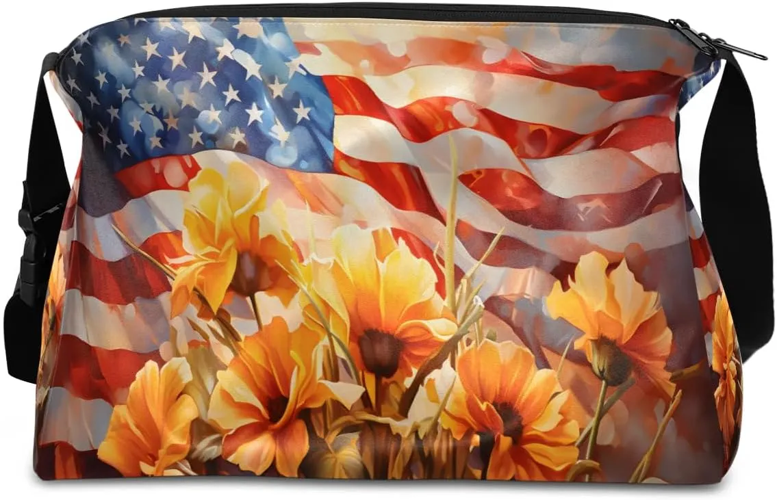 Weekend Bag America Flag Flora Pattern Lightweight Carry On Duffel Bag Waterproof Gym Bag Pu Leather Duffle Bag for Workout Travel Sport