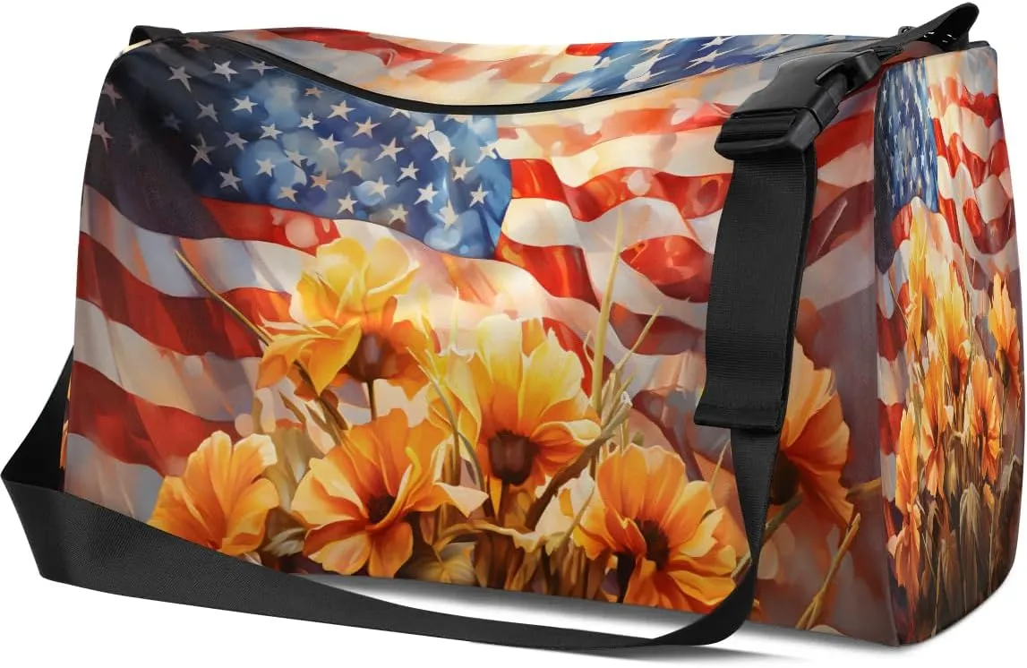 Weekend Bag America Flag Flora Pattern Lightweight Carry On Duffel Bag Waterproof Gym Bag Pu Leather Duffle Bag for Workout Travel Sport