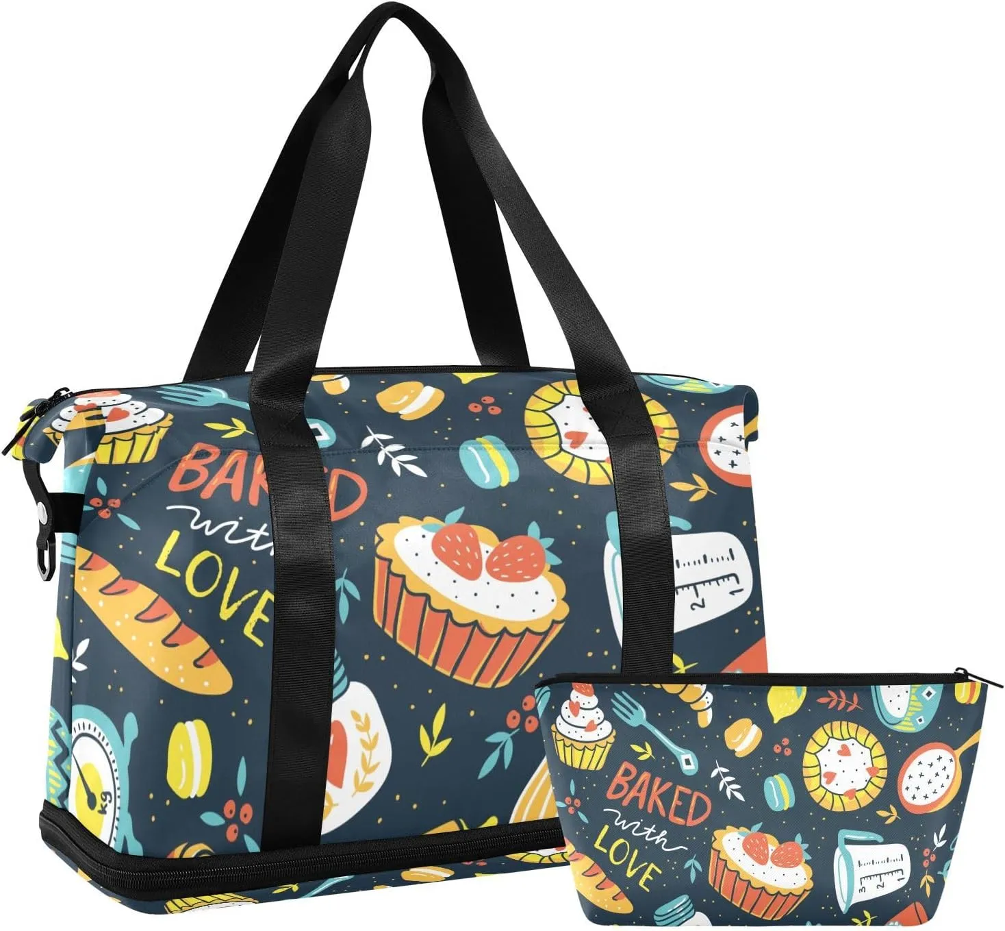 Weekender Bag Set Baking Cooking Pattern Sport Travel Duffel Bag Large Tote Bag with Shoe Compartment