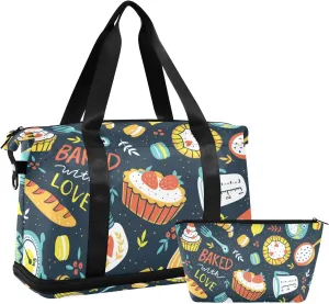 Weekender Bag Set Baking Cooking Pattern Sport Travel Duffel Bag Large Tote Bag with Shoe Compartment