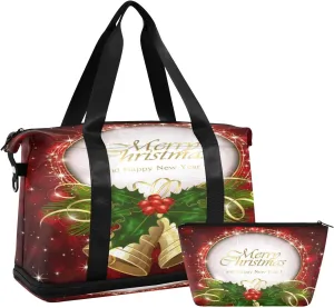 Weekender Overnight Bags for Women Christmas Bells Travel Duffel Bag with Shoe Compartments Holly Berries Gym Duffel Bag with Toiletry Bag for Travel Sport Yoga 17 Inch