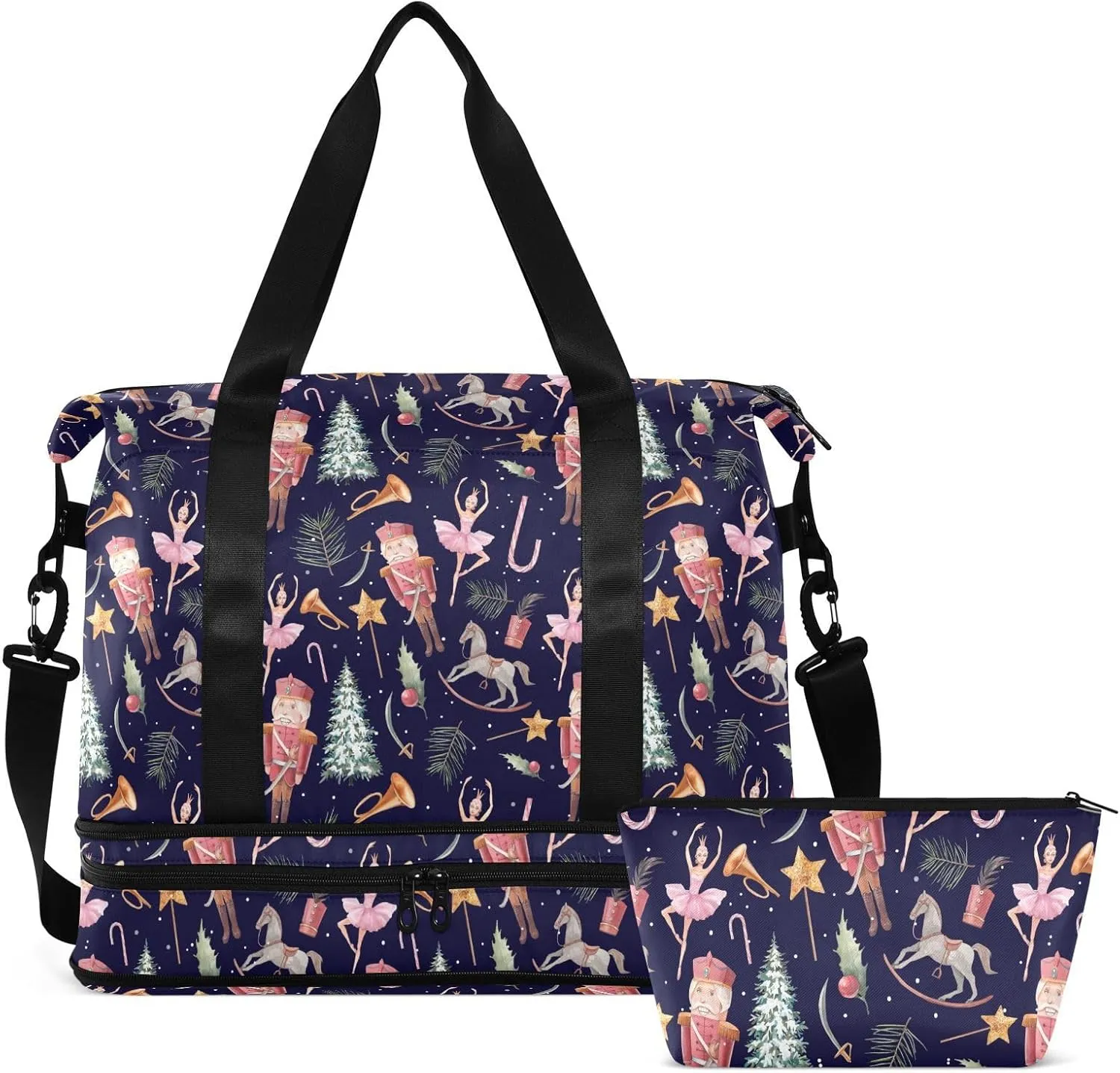 Weekender Overnight Bags for Women Watercolor Nutcracker Travel Duffel Bag with Shoe Compartments Christmas Fairy Gym Duffel Bag with Toiletry Bag for Travel Sport Yoga 17 Inch