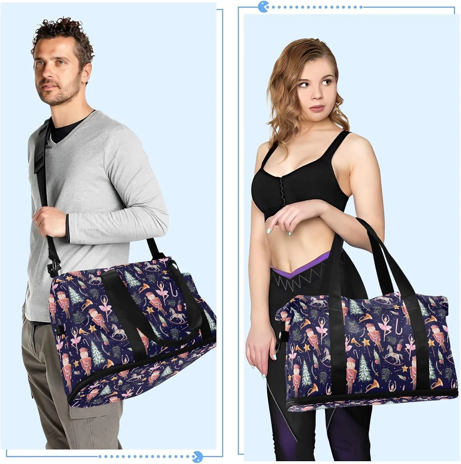 Weekender Overnight Bags for Women Watercolor Nutcracker Travel Duffel Bag with Shoe Compartments Christmas Fairy Gym Duffel Bag with Toiletry Bag for Travel Sport Yoga 17 Inch