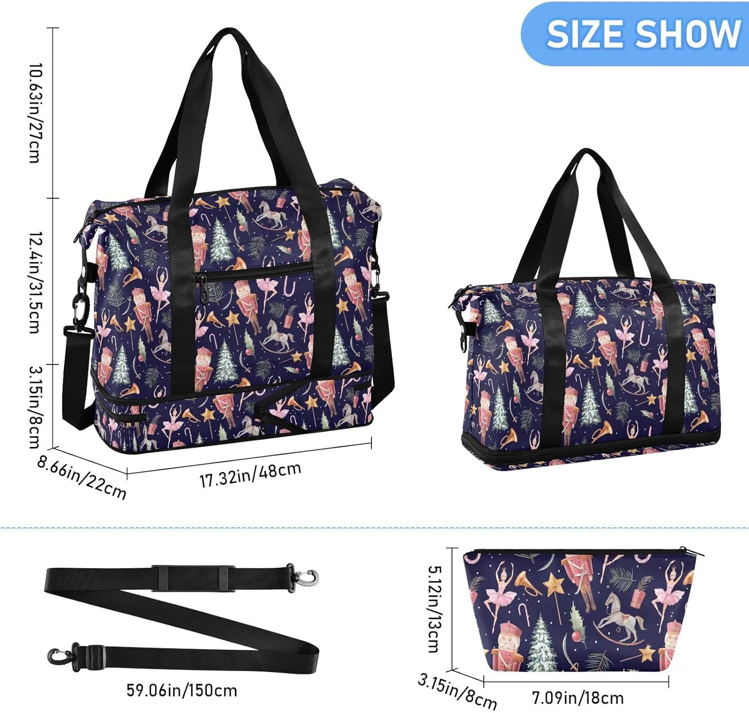 Weekender Overnight Bags for Women Watercolor Nutcracker Travel Duffel Bag with Shoe Compartments Christmas Fairy Gym Duffel Bag with Toiletry Bag for Travel Sport Yoga 17 Inch