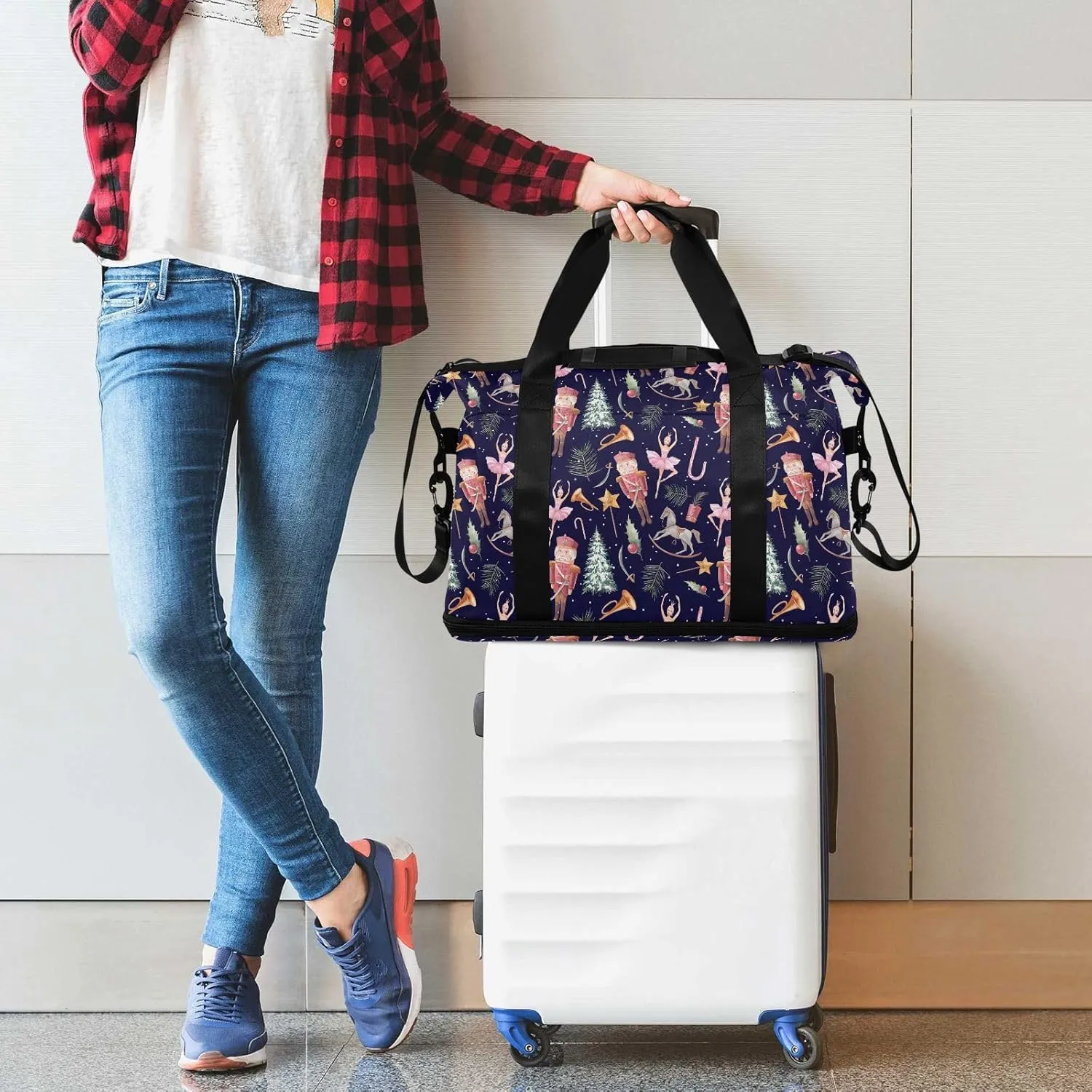 Weekender Overnight Bags for Women Watercolor Nutcracker Travel Duffel Bag with Shoe Compartments Christmas Fairy Gym Duffel Bag with Toiletry Bag for Travel Sport Yoga 17 Inch
