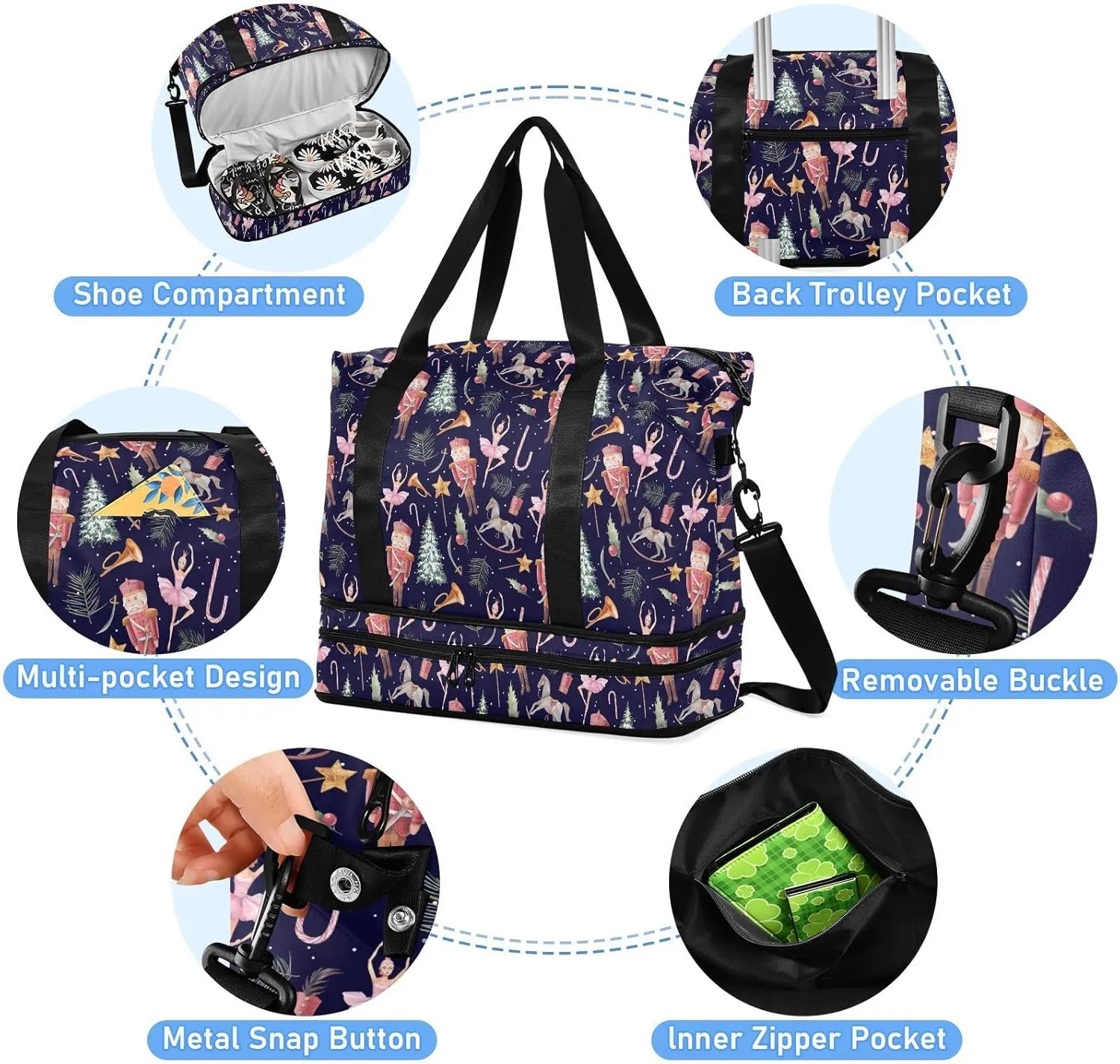 Weekender Overnight Bags for Women Watercolor Nutcracker Travel Duffel Bag with Shoe Compartments Christmas Fairy Gym Duffel Bag with Toiletry Bag for Travel Sport Yoga 17 Inch