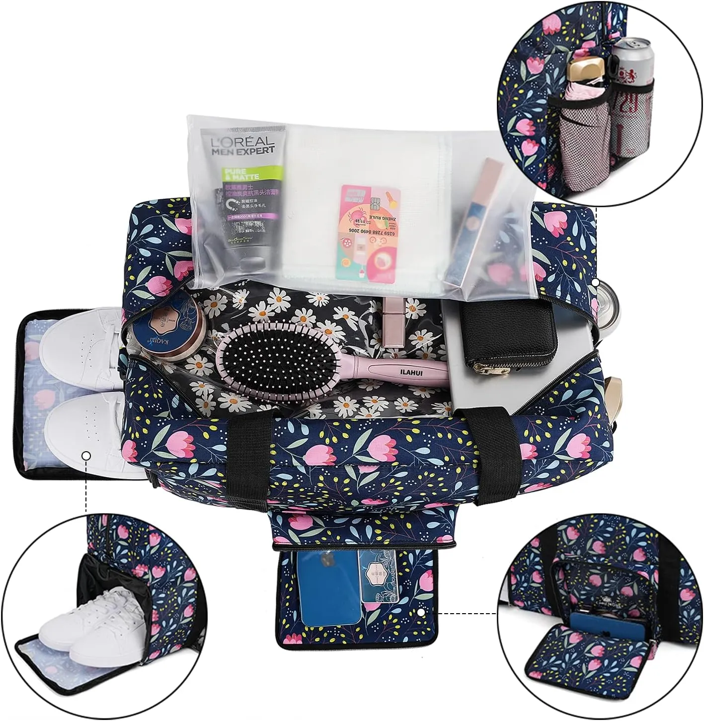 Weekender Overnight Travel Bags for Women with Shoe Compartment,Spirit Airlines Personal Item Bag 18x14x8,Underseat Carry On Luggage, Foldable Duffle Bag for Travel, for Swim/Sports/Gym