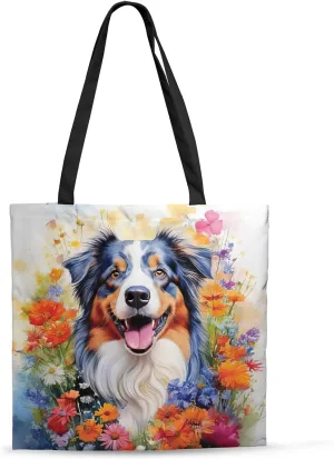 Welcome Spring Summer Dog Portrait Flower Blue Sky Canvas Tote Bag Reusable Shopping Grocery Bag