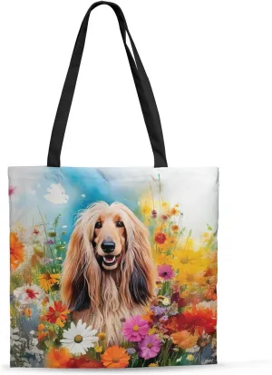 Welcome Spring Summer Dog Portrait Flower Blue Sky Canvas Tote Bag Reusable Shopping Grocery Bag