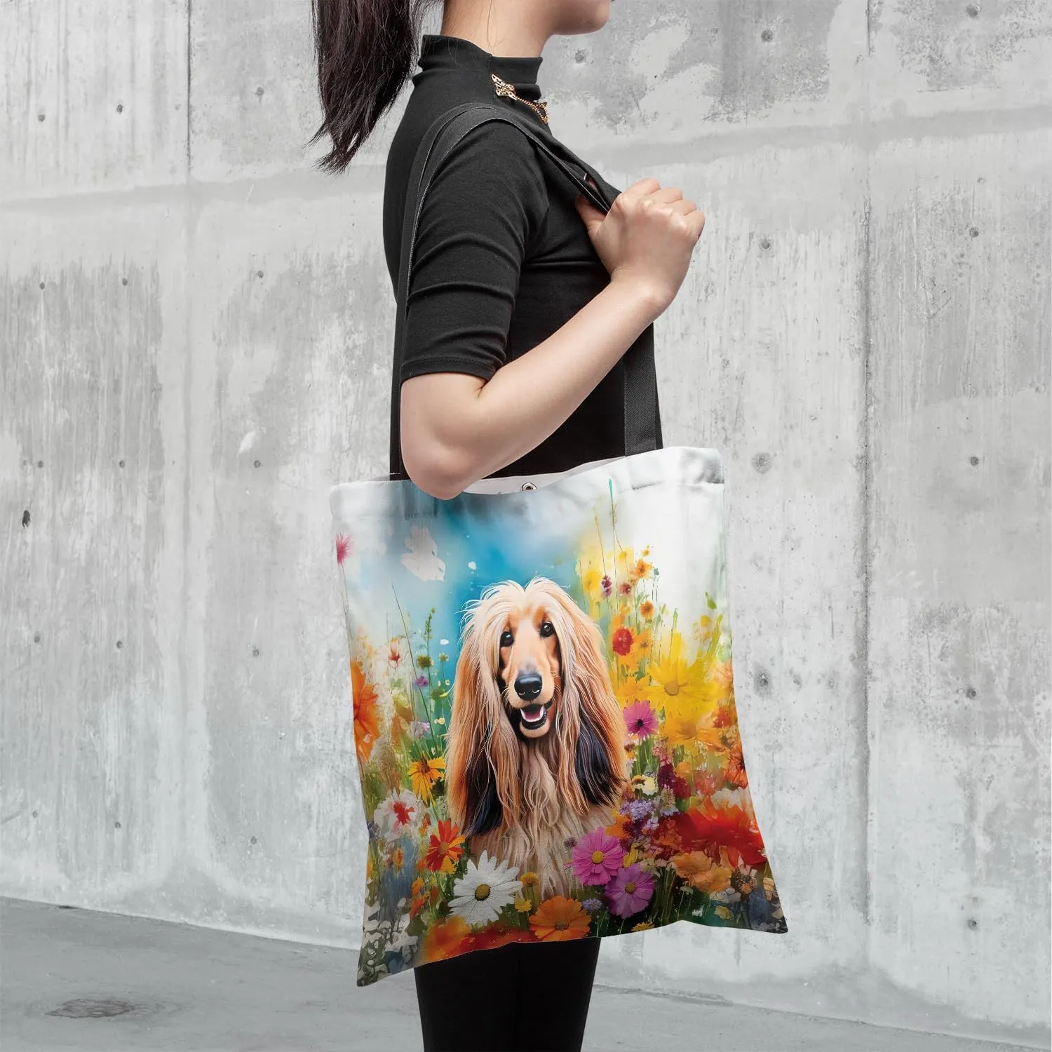 Welcome Spring Summer Dog Portrait Flower Blue Sky Canvas Tote Bag Reusable Shopping Grocery Bag