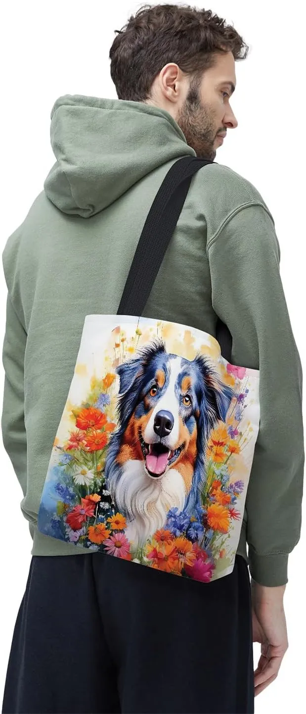 Welcome Spring Summer Dog Portrait Flower Blue Sky Canvas Tote Bag Reusable Shopping Grocery Bag