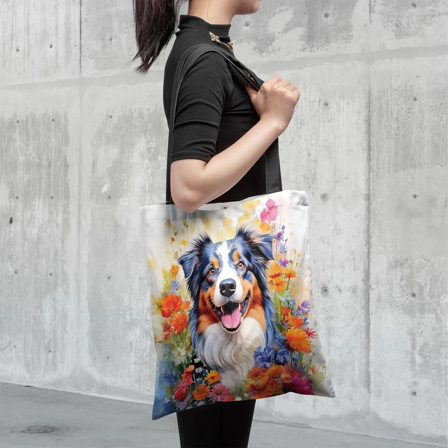Welcome Spring Summer Dog Portrait Flower Blue Sky Canvas Tote Bag Reusable Shopping Grocery Bag