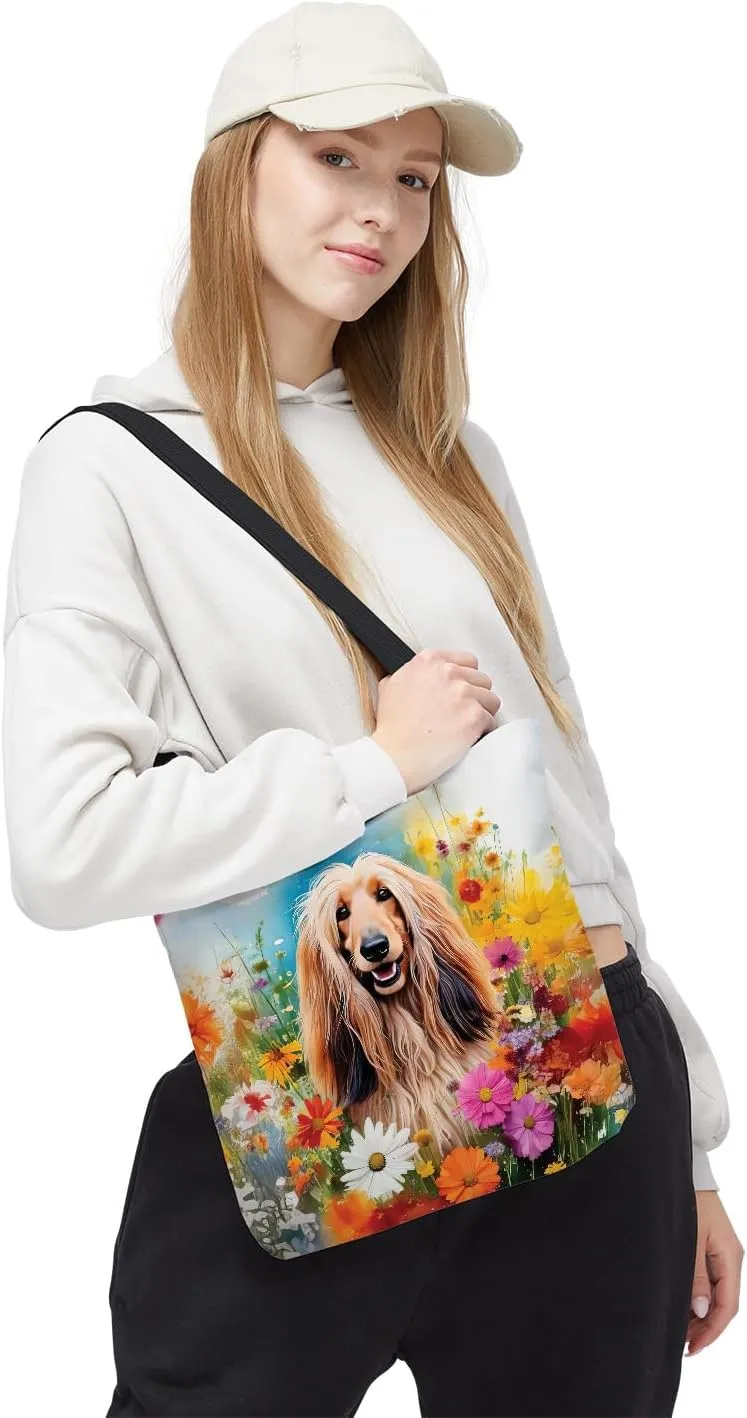 Welcome Spring Summer Dog Portrait Flower Blue Sky Canvas Tote Bag Reusable Shopping Grocery Bag