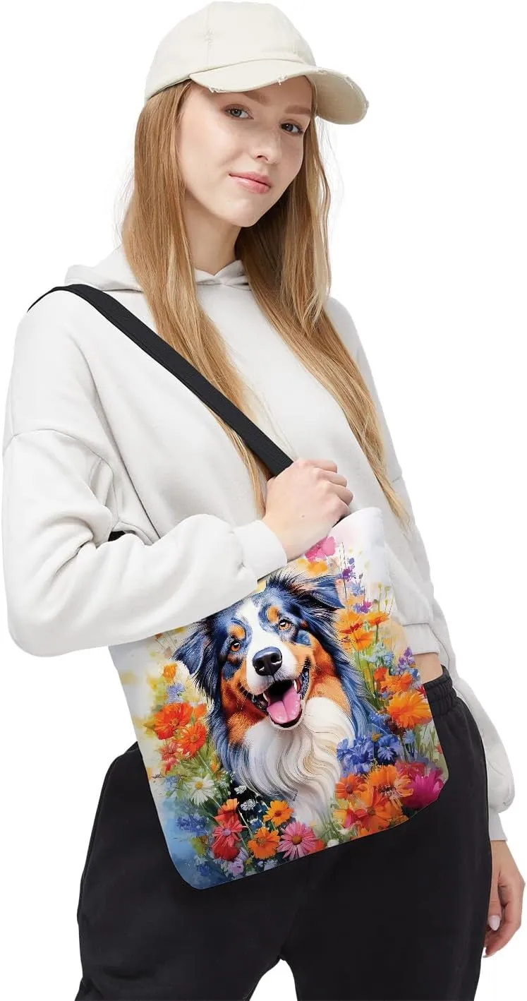 Welcome Spring Summer Dog Portrait Flower Blue Sky Canvas Tote Bag Reusable Shopping Grocery Bag