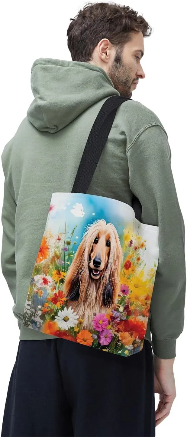 Welcome Spring Summer Dog Portrait Flower Blue Sky Canvas Tote Bag Reusable Shopping Grocery Bag