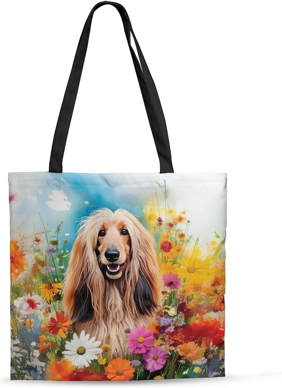 Welcome Spring Summer Dog Portrait Flower Blue Sky Canvas Tote Bag Reusable Shopping Grocery Bag