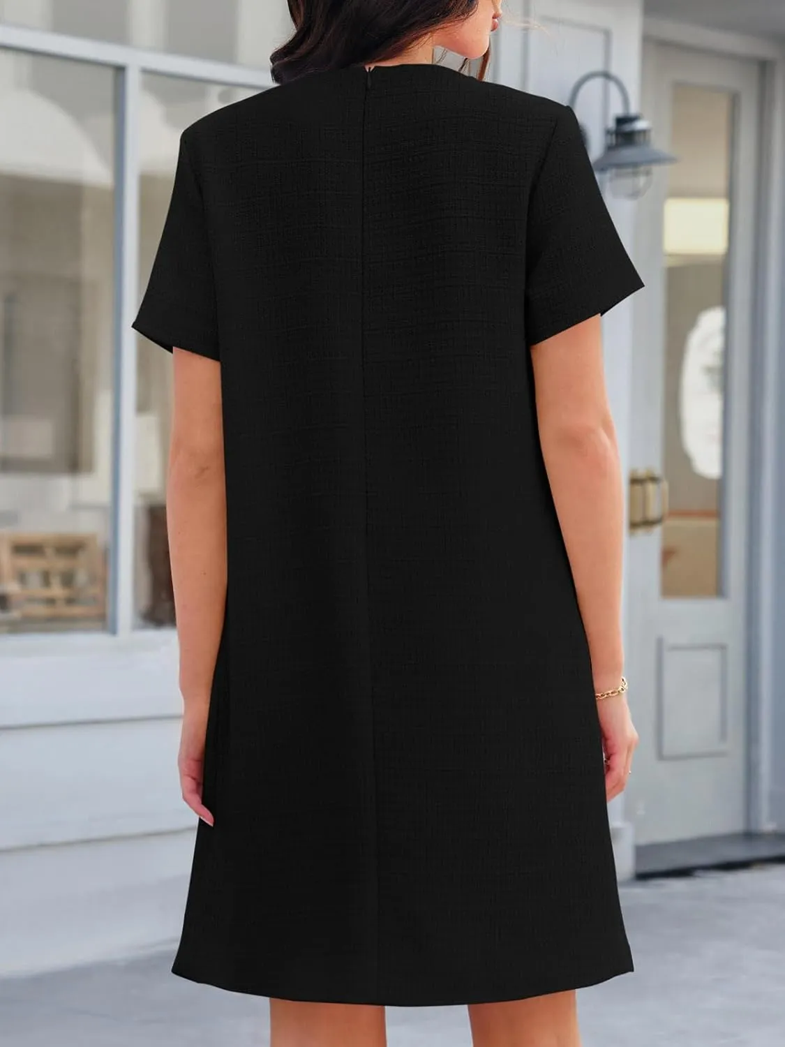 Wenrine Women's Tweed Mini Dress Short Sleeve Crew Neck Work Office Elagant Formal Summer A Line Dresses