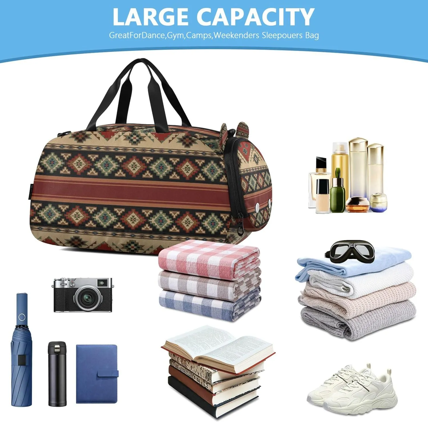 Western Theme Duffel Gym Bags with Shoes Compartment Multifunctional Sport Gym Tote Bags for Travel, Swimming, Dance, Ballet