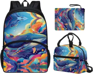Whale Backpack with Lunch Box Boys Large Capacity Teen Boy Backpack Leakproof Removable Strap Lunch Bag Kids for Travel School Picnic Shopping
