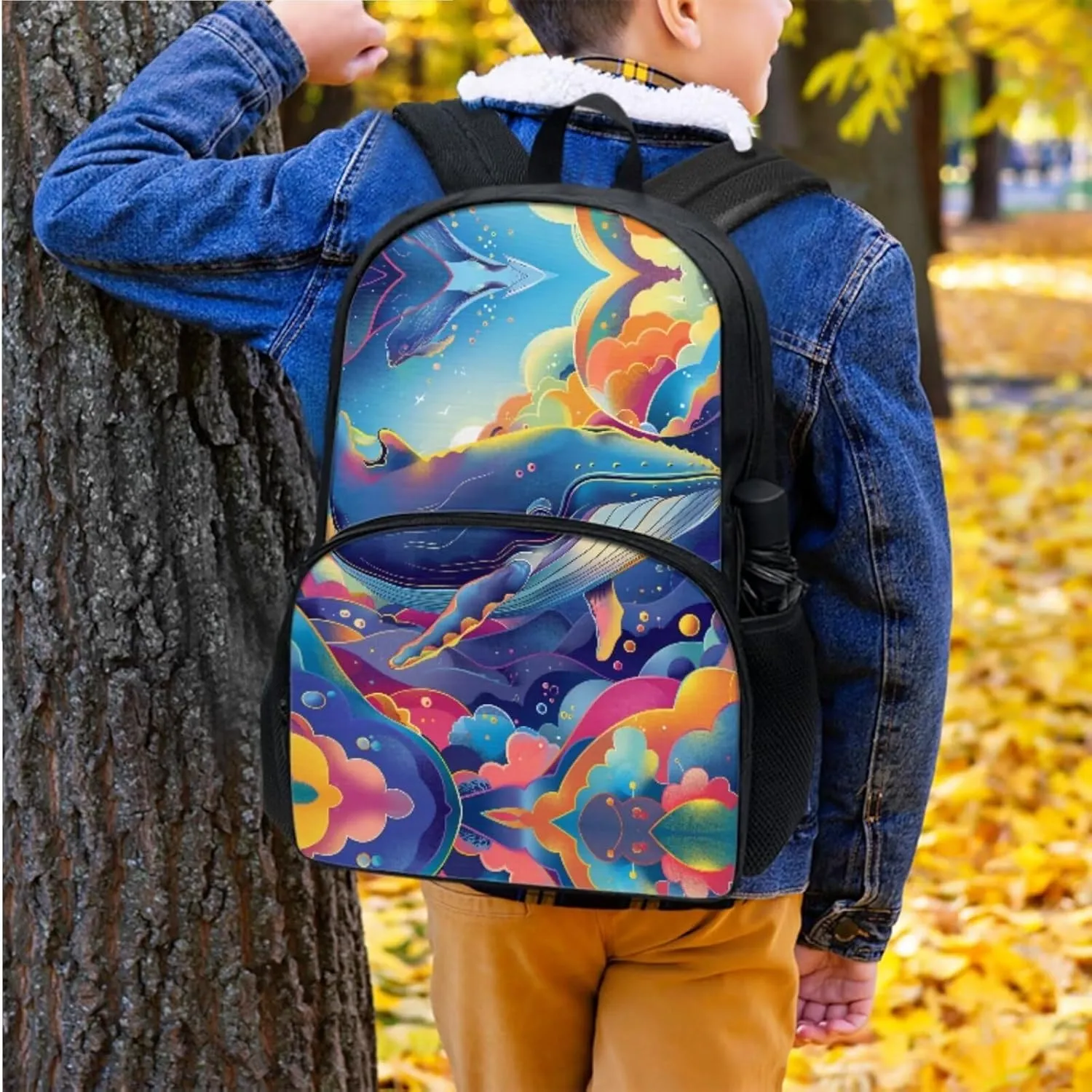 Whale Backpack with Lunch Box Boys Large Capacity Teen Boy Backpack Leakproof Removable Strap Lunch Bag Kids for Travel School Picnic Shopping