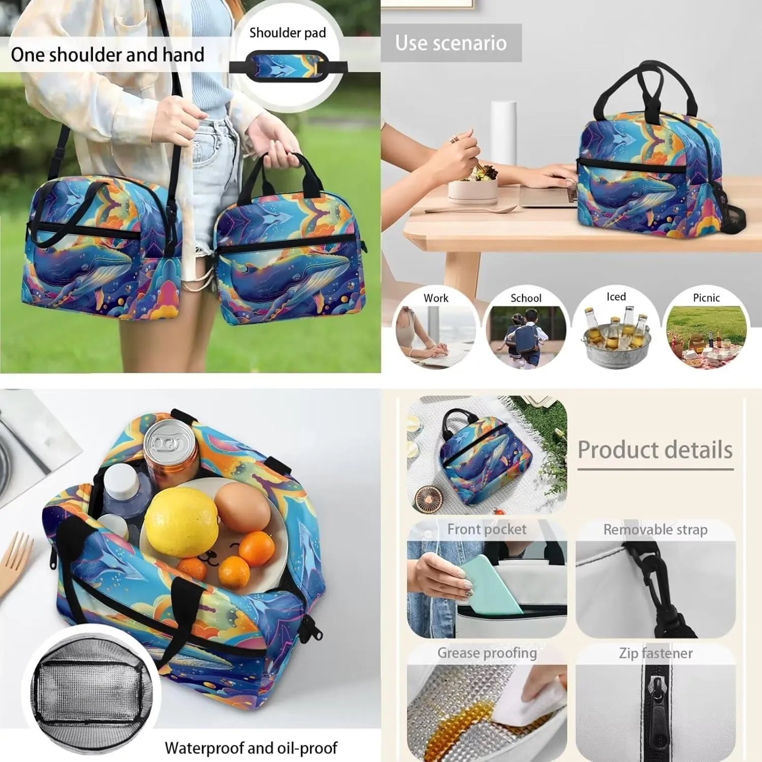 Whale Backpack with Lunch Box Boys Large Capacity Teen Boy Backpack Leakproof Removable Strap Lunch Bag Kids for Travel School Picnic Shopping