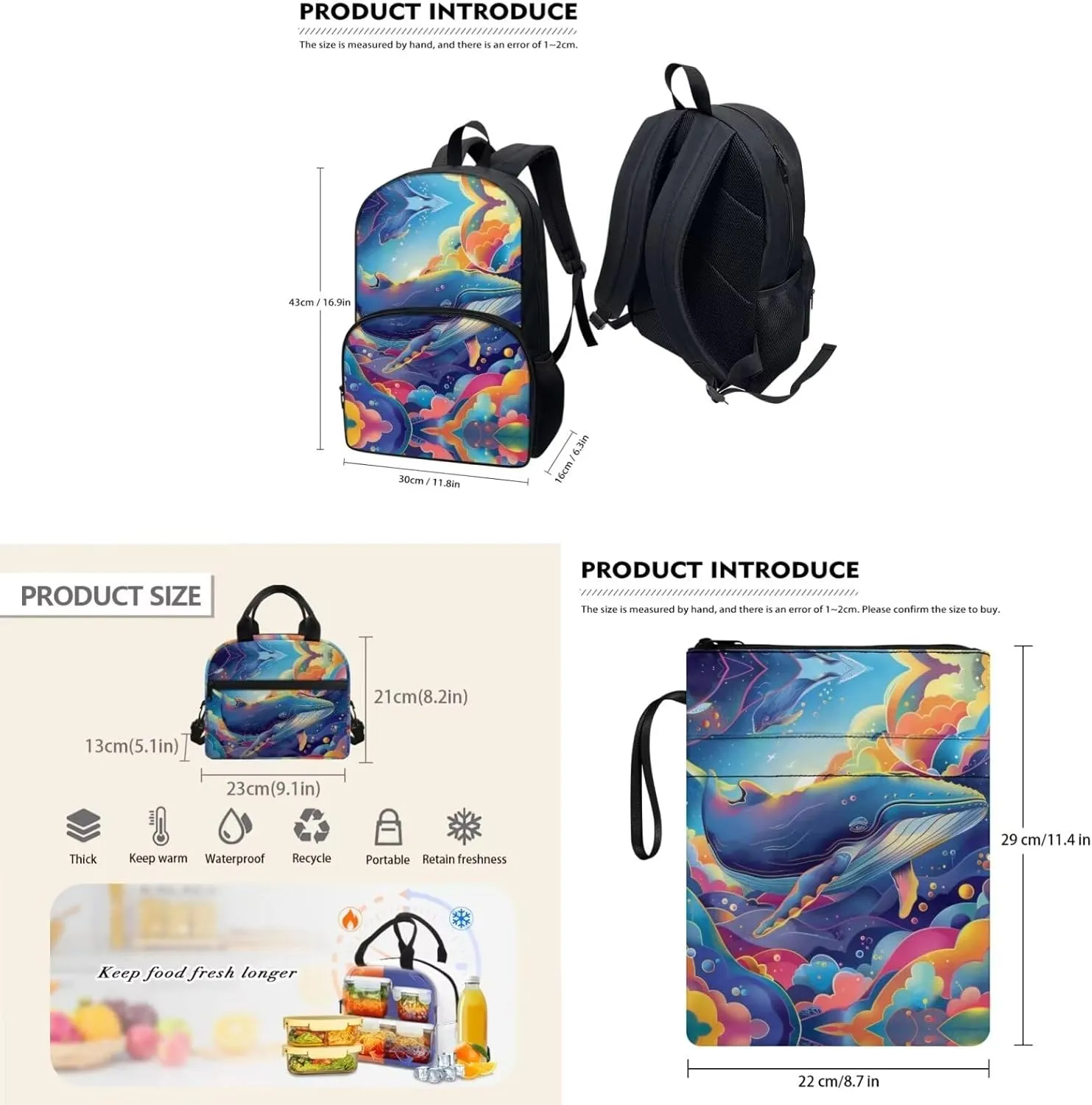 Whale Backpack with Lunch Box Boys Large Capacity Teen Boy Backpack Leakproof Removable Strap Lunch Bag Kids for Travel School Picnic Shopping